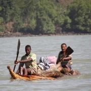 Boatmen on a traditional papyrus boat on Lake Tana near Bahir Dar, Ethiopia
